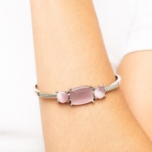 Silver Cuff Bracelet with Pink Cat's Eye Stones